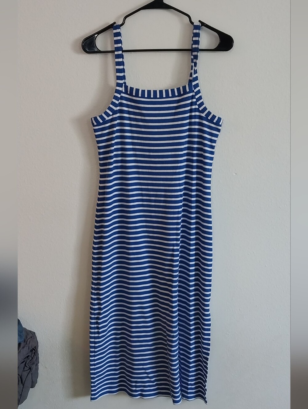Blue and White Striped Sleeveless Midi Dress